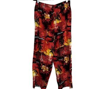 Hawaiian Sunset Print Drawstring Capri Pants  Vibrant Red & Yellow Tropical Desi